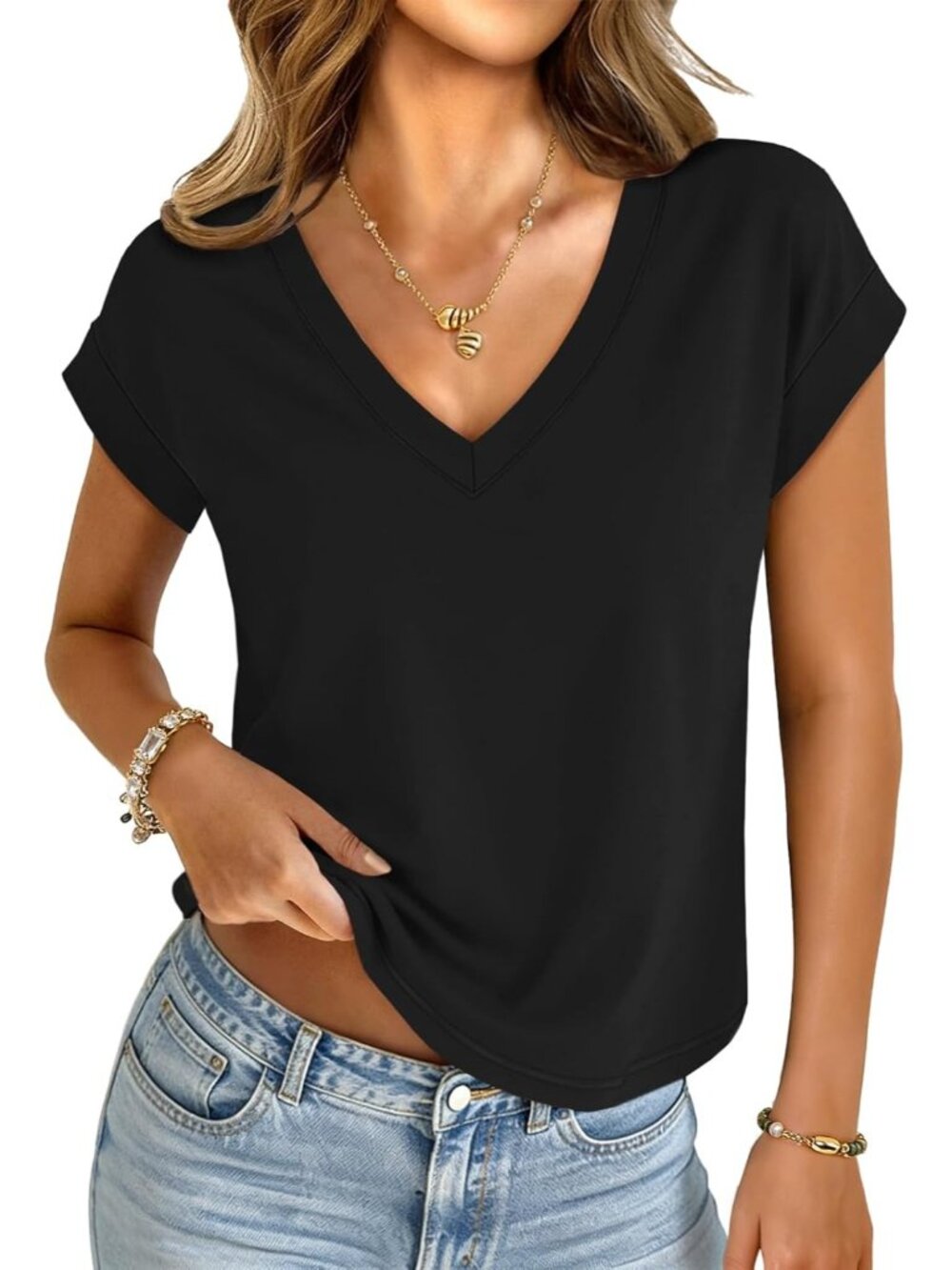 Women's Black V Neck Cap Sleeve Summer Basic Loose Fit Pull On Crop Tops